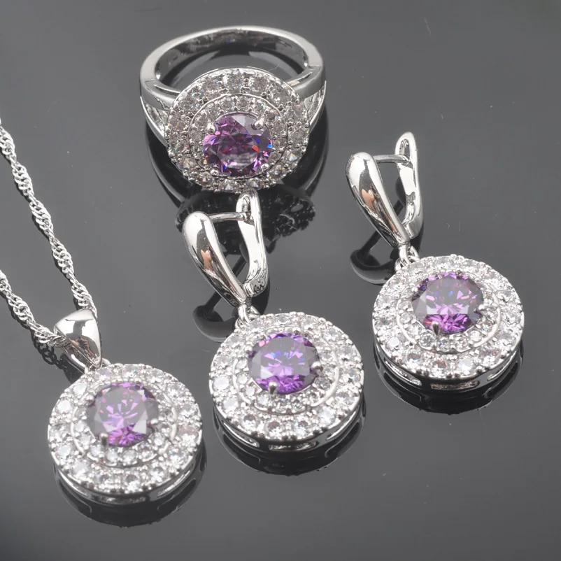 Russian Style Jewelry Sets Natural Purple Crystals Pendants Necklace Earring Ring Bracelet for Women Luxury Party Jewelry