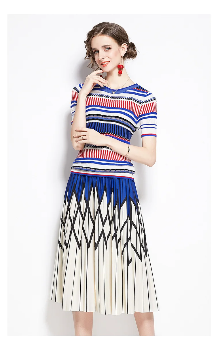 New Arrival Summer Stripe Knit Tops and Printed A-line Long Skirt Two piece Sets Women Runway Design Fashion Knit Set Suit