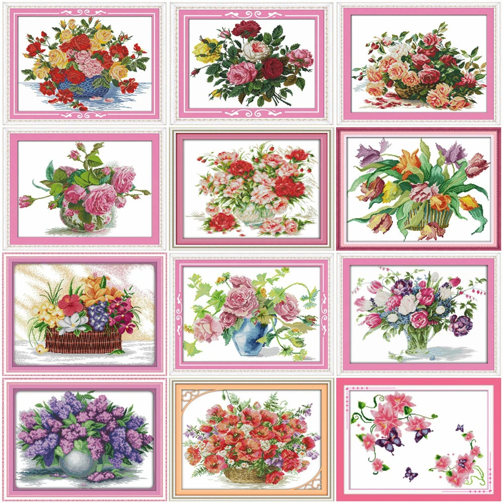 Huacan Flower In Vase Kits White Canvas Embroidery Floral Needlework