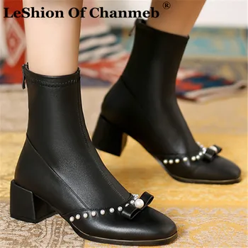 

Big Plus Size 14 Women's Elegant Pearls Sweet Bow-Knot Ankle Boots Shoes Ladies Zipper White Nude Black Booties Block Heels Shoe