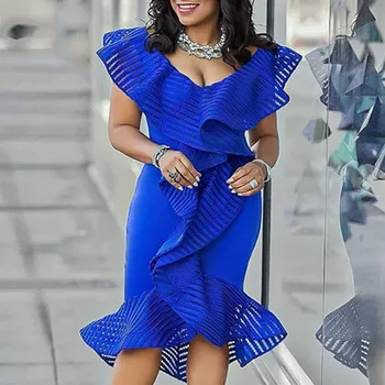 

Women Patchwork Asymmetric Falbala Bodycon Dress Sexy Trumpet / Mermaid Cascading Ruffle Hem Mid-Calf V Neck Elegant Party Dress