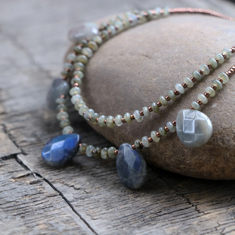 Fashion Labradorite Stone Drop Water Pendant Necklace Double Layer Lutus Beads Choker For Women Girls | Украшения и аксессуары