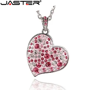 

JASTER 100% Full Capacity !Diamond crystal heart USB Flash drive Memory Stick pendrive 4GB/8GB/16GB/32GB Love heart Necklace