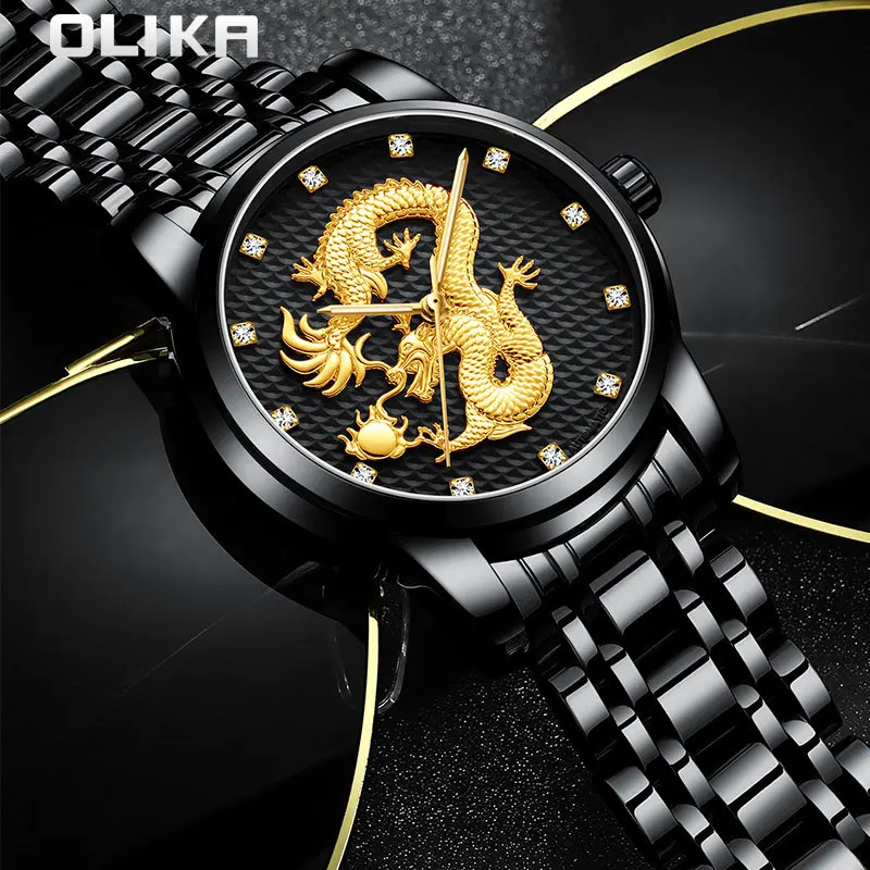Olika Refined Steel Watch Men's Chinese Style Large Dial Waterproof Quartz Dragon Watches for Men 2021 New | Наручные часы
