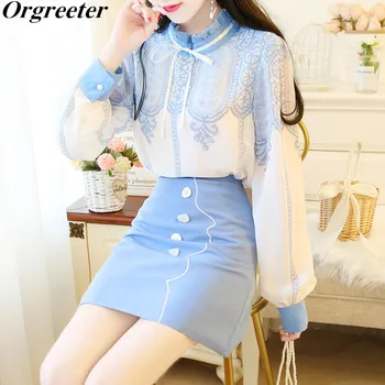 

Spring New Chiffon Shirt With Skirt Two piece set Women Sweet Bow Retro Print Ruffles Shirt + Button Deco Embroidery Skirt Sets