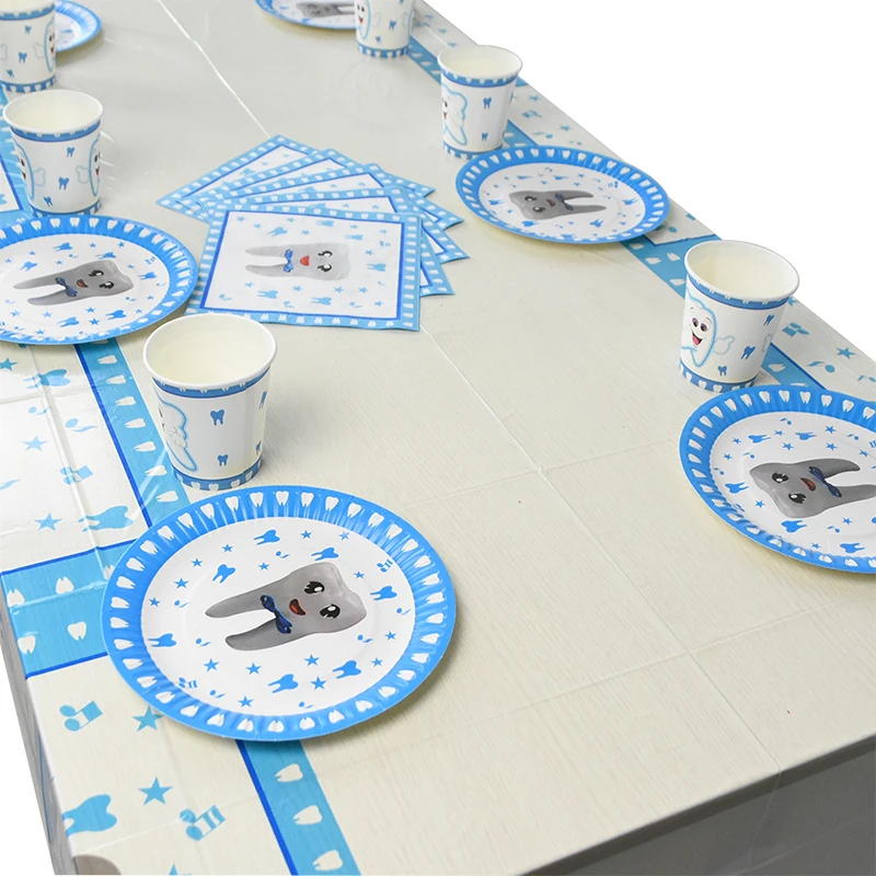 1set My First Tooth Theme Party Supplies Cute Tooth Disposable Tableware Paper Plate Cups Baby Shower Kids Birthday Foil Balloon
