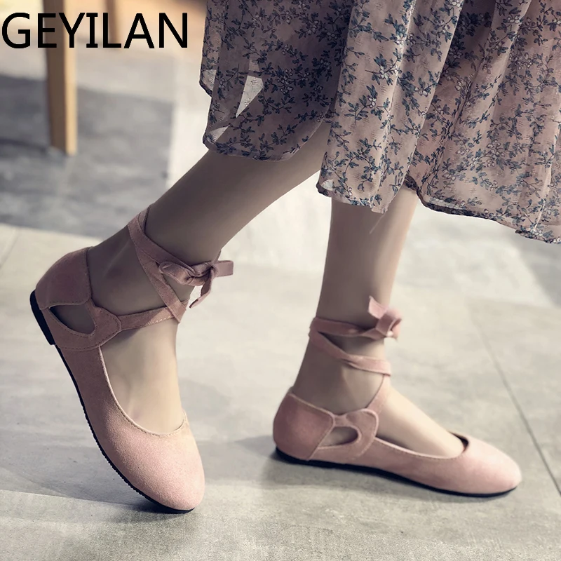 

Woman Designer Ballerina Shoes Round Head Lace Up Flat Bowknot Cap Toe Slip on Casual Leather Sweet Ballet Feminino U19-16