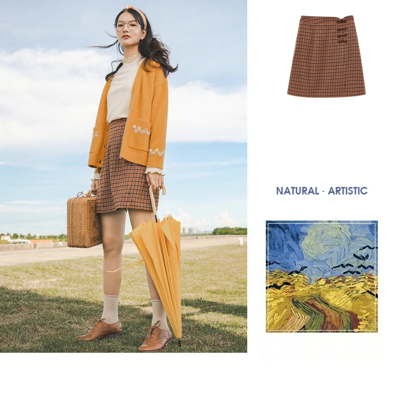 INMAN 2020 Autumn Winter New Arrival Plaid Skirt Literary Zipper A-line Pure Cotton Retro Womens Skirt
