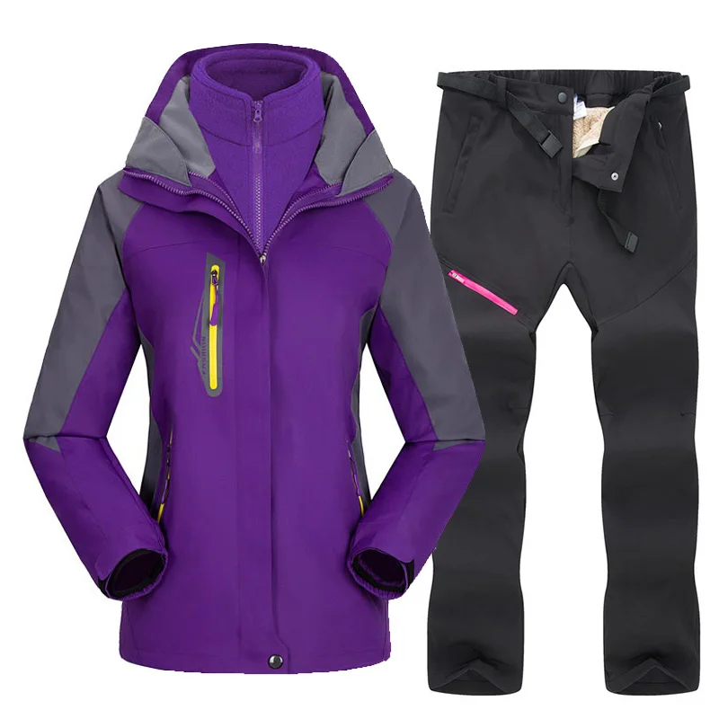 Purple Black 30 градусов зимний лыжный костюм для женщин теплые зимние лыжные куртки комплекты для спорта на открытом воздухе водонепроницаемый ветрозащитный лыжный сноуборд куртки и брюки - Цвет: Purple Black