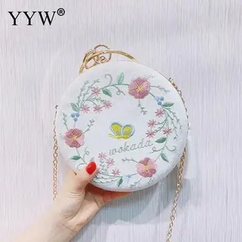 

2019 New Corduroy Women Bag Dull Polish Embroidery Day Clutch Purse Handbags Chain Shoulder Lady Flower Evening Bags Round Pink