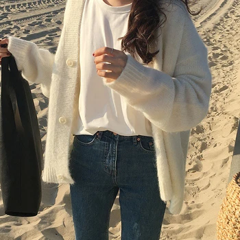 

School Wind Solid Color V Lead Loose Coat Knitting Cardigan