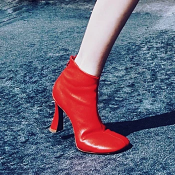 

Style Square Toe British Ankle Women Brand Elegant Office Thick High Heel Boots Fashion Genuine Sheepskin Red Booties