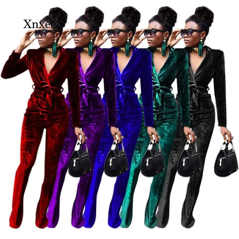 

Women V Neck Jumpsuit with Belt Spring Autumn Rompers Female One Piece Long Pants Playsuits Playsuits Slim Overalls Outfits