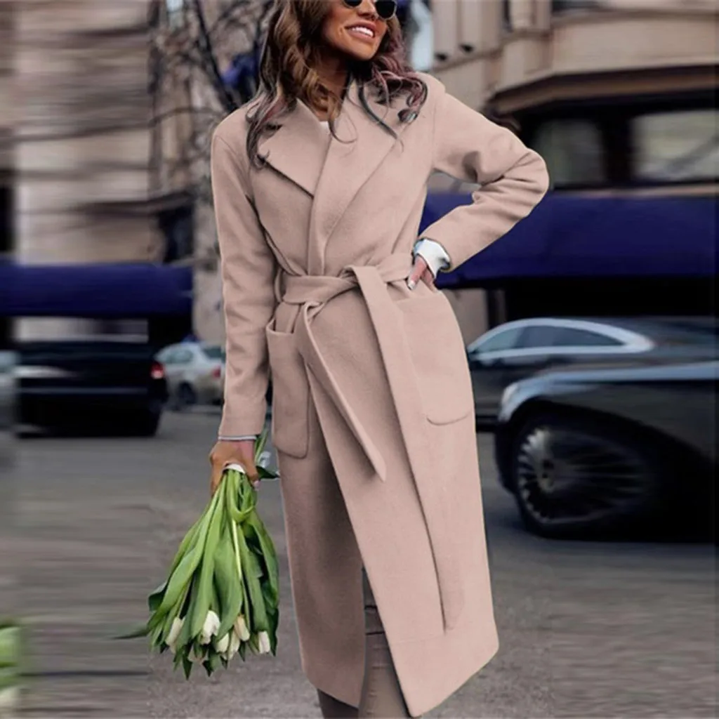 Шерстяное Женское пальто 2019Top элегантные женские модные куртки с длинными рукавами однотонные повседневные свободные пальто с топы с ремешками