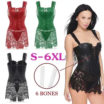 

S-6XL Women Leather Lace body shapers Corset Adult Bustier Gothic Dress Lace Embroidery Zip Back Dresses