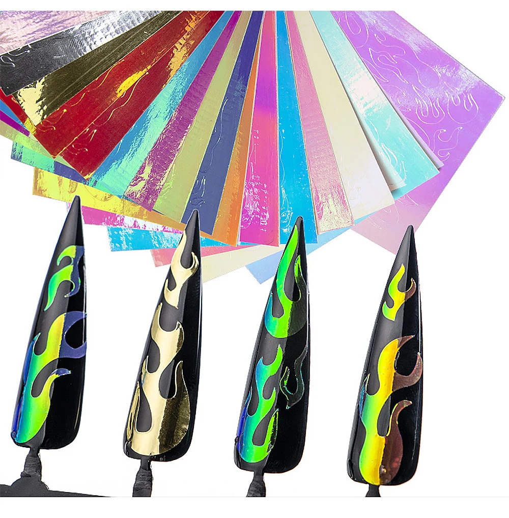Разноцветная голографическая огненная лента для украшения ногтей трафарет прозрачные наклейки огненный Маникюр трафарет наклейки для дизайна ногтей