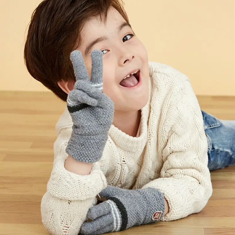 Children Boys Girls Winter Thick Knitted Full Finger Gloves Stripes Badge Applique Elastic Cuff Kids Student Plain Mittens 6-12T