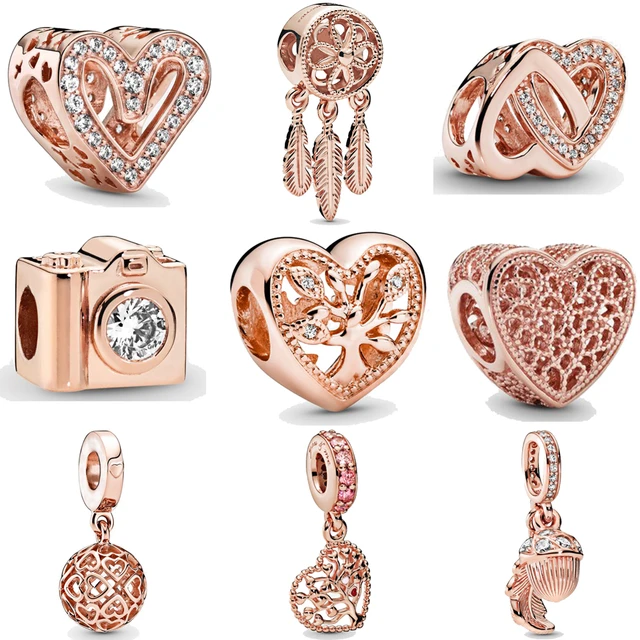 2022 925 silver charms Rose Gold Flower Leaf Crown Heart Coffee Dangle  Pendant Beads Fit Pandora Charms Bracelet DIY Women Jewelry Gifts