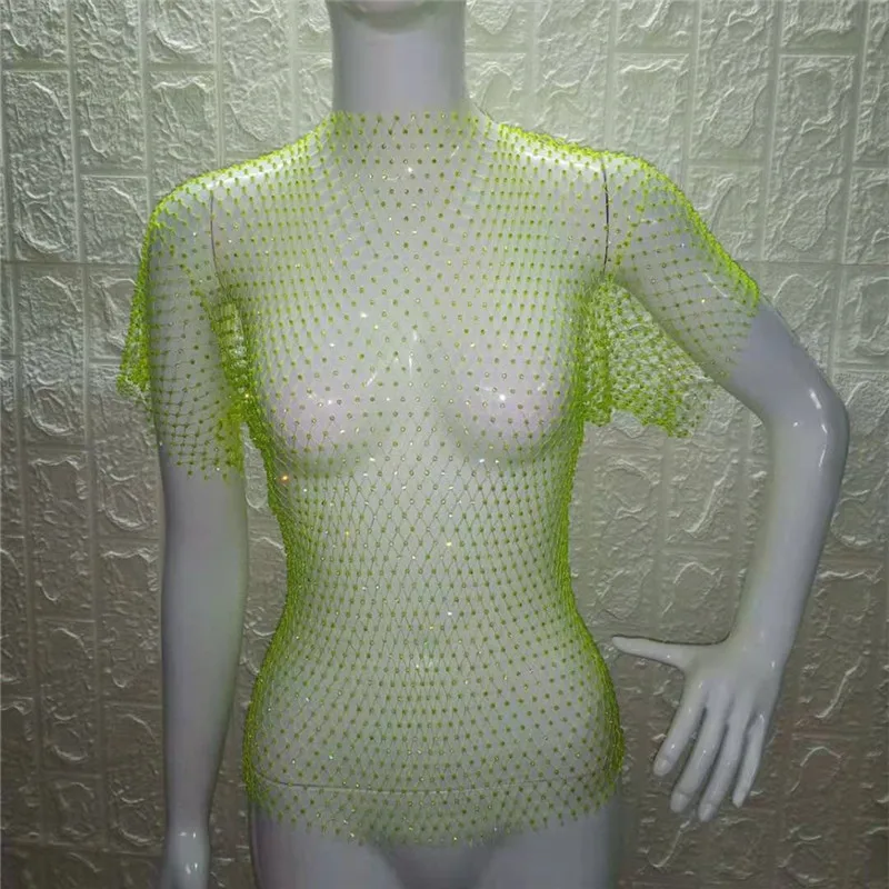 Блестящая Бриллиантовая открытая сексуальная Прозрачная Футболка модная женская футболка в сеточку летние пляжные вечерние Клубные футболки