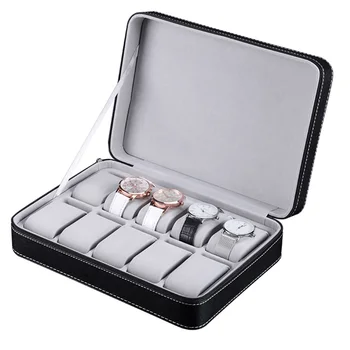 

Display 10 Grids Protective Jewelry Zipper Closure Portable Gift Watch Storage Box Packaging PU Leather Bracelet Organizer Case