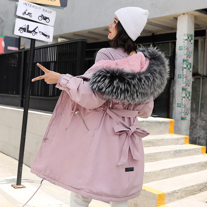 

Fashion Long Lamb Hair Liner Parker Cotton Jacket Coat New 2019 Warm Women's Winter Jackets Belt Big Faux Fur Coats Parkas