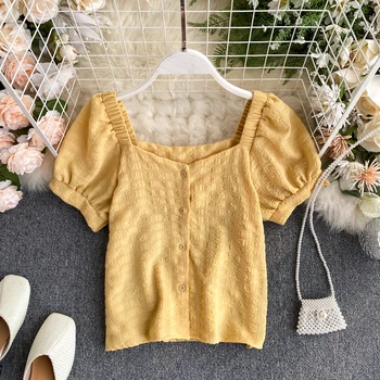 

2020 summer new solid women blouse square collar puff sleeved short high waist lady elegant pulls outwear tops
