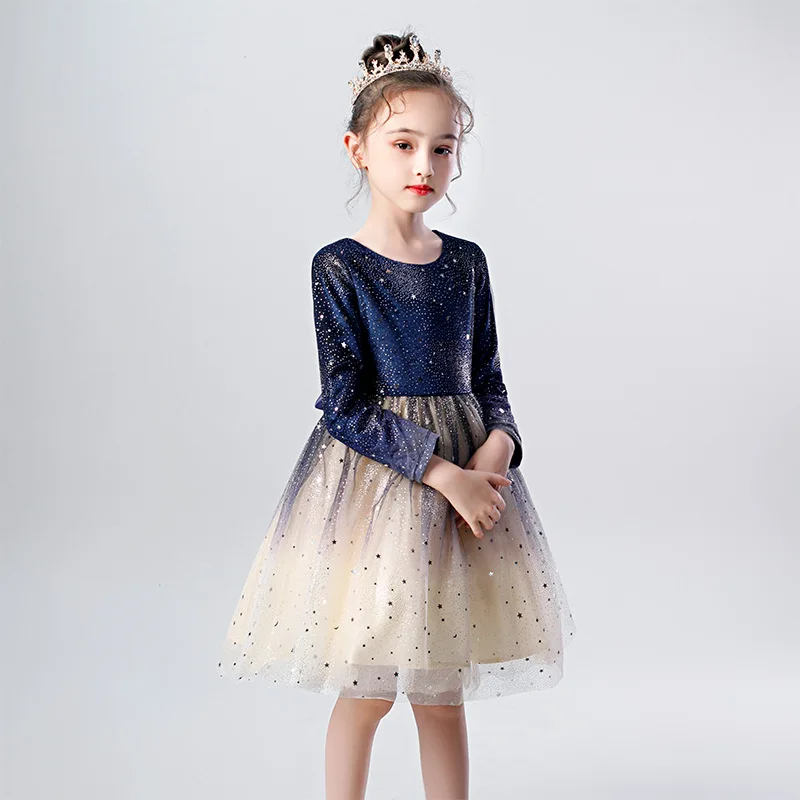 Новые осенне-зимние детские платья для девочек, элегантные вечерние платья принцессы на год для девочек, Звездное платье с длинными рукавами для девочек