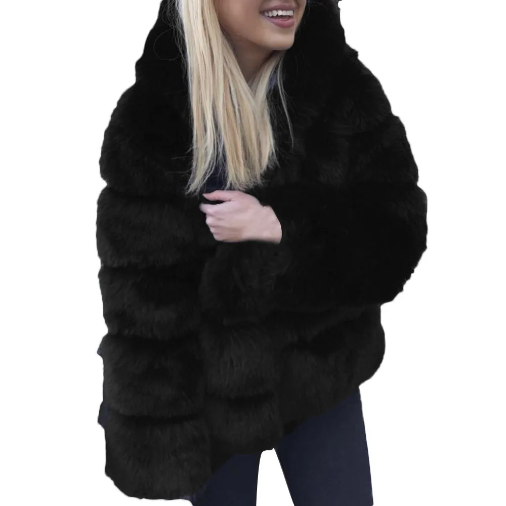 Женское зимнее меховое пальто, зимняя теплая утолщенная куртка из искусственного меха с капюшоном, теплая плотная верхняя одежда, куртка с длинным рукавом, пальто#38 - Цвет: Black
