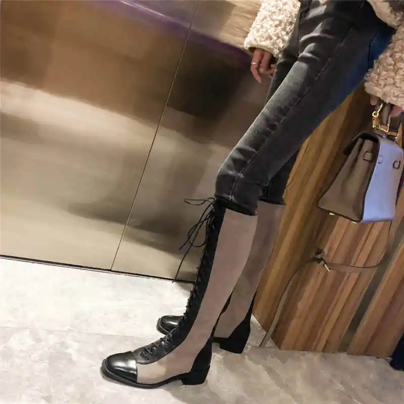 ASUMER new arrive genuine leather boots zipper&lace up high knee boots women shoes square low heels winter boots