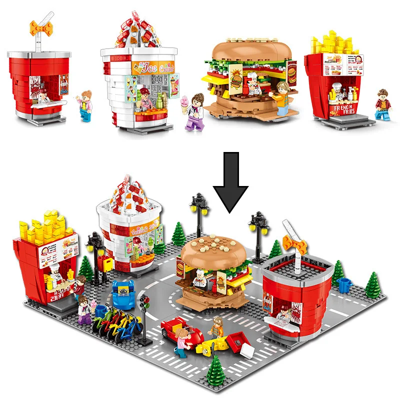 

Mini City Streetscape Building Block Hamburger Fries Cola Ice Cream Girl Assembling Classic Bricks educational DIY Toy WJ042
