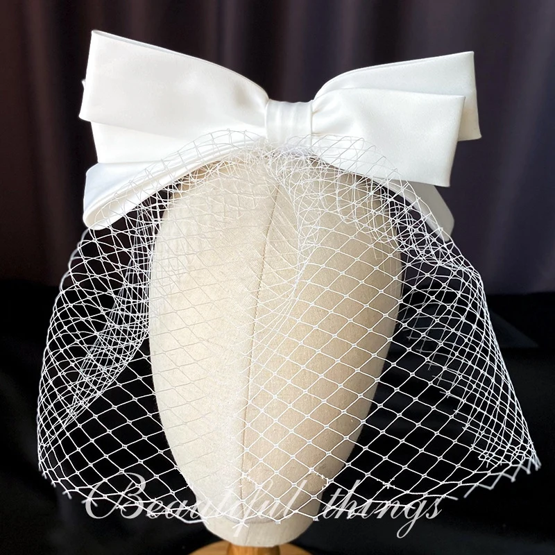 White bridal hairband Mesh Satin Bow Headband Vintage Fairy Bridal Wedding hair Accessory hair accessories bridal hair accessories crown headband