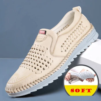 

Summer Men Leather Shoes Breathable Slip-on Mens Loafers Business Casual Shoes Men Soft Anti-slip Driving Shoes Work Shoes Male