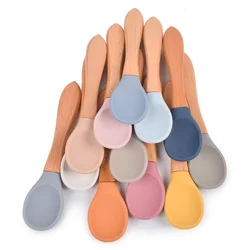 Baby Wooden Spoon Silicone Wooden Baby Feeding Spoon Soft Tip Spoon Food Grade Material Handle Tableware Toddler Utensils Gifts