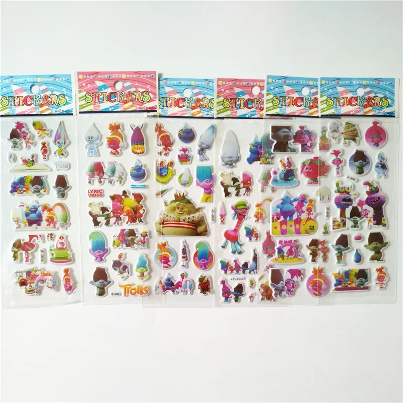 

6 Sheets 3D Trolls Puffy Stickers Waterproof Fun Sticker Toys The Luggage Stickers Handbag Decoration Scrawl Stickers