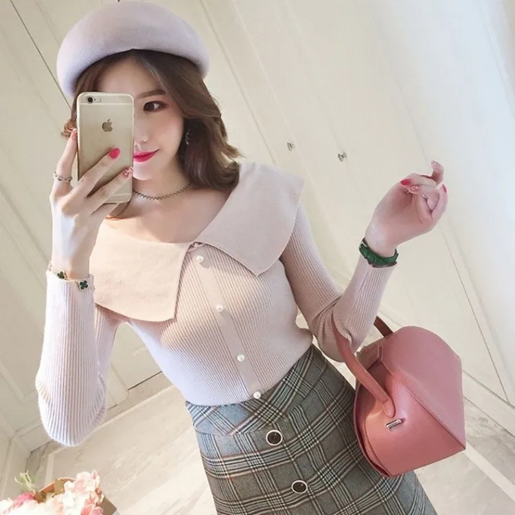 New Doll Collar Sweater Women Solid Color Pullover Long Sleeve Fashion Bottoming Sweaters Jumper 5 Colors Optional