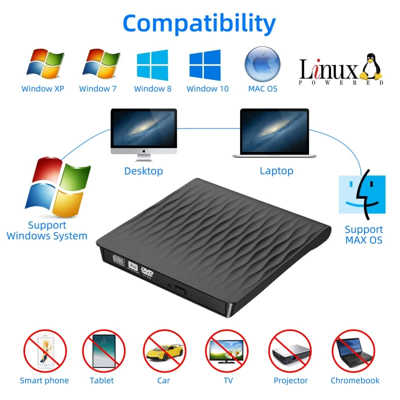 Внешний CD DVD диска USB 3,0 тонкий Портативный внешний RW записывающийся-высокая Скорость данных Передача USB оптических дисков