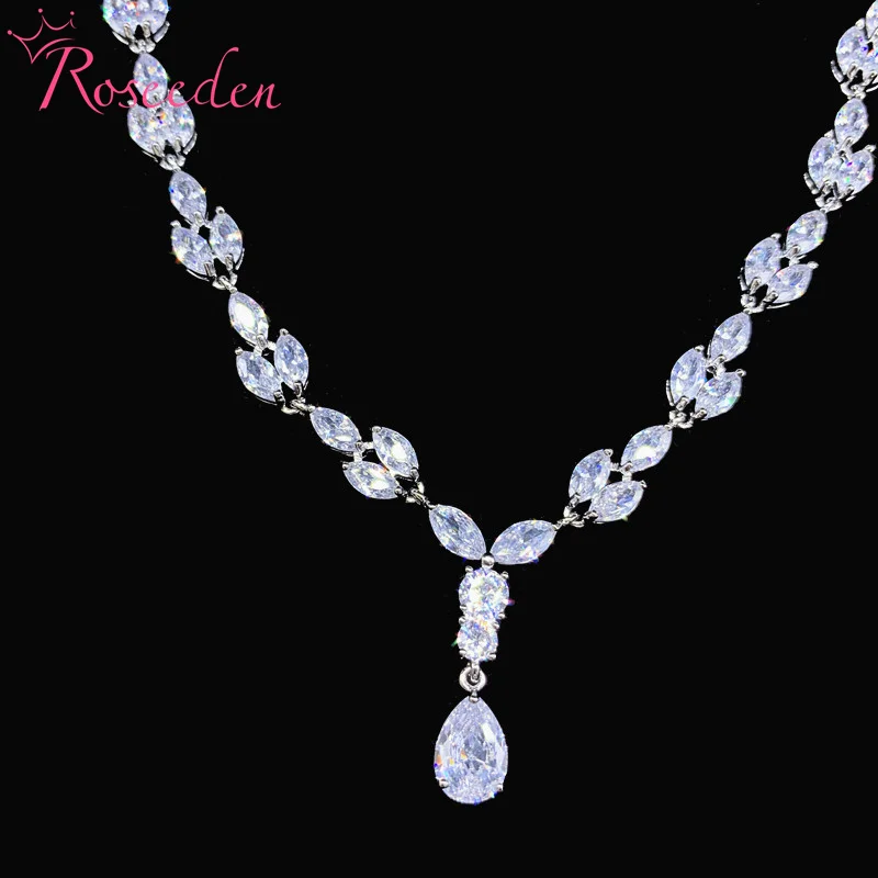 Elegant Teardrop Full Cubic Zirconia CZ Crystal Necklace and Earring Bridal Jewelry Set RE3681