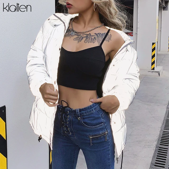 US $29.98 KLALIEN Winter Fashion Reflective Warm long Coat Womens top Jacket 2019 club party Shining loose Ou