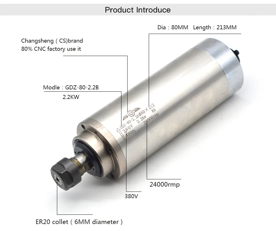 CNC водяного охлаждения шпинделя GDZ-80-2.2B 2.2kw 380V 8A ER20 Dia.80mm