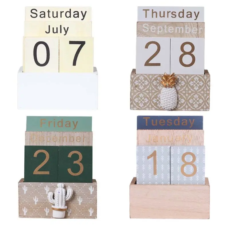 

Vintage Wooden Perpetual Calendar Eternal Block Planner Photography Props Month Week Date Display Home Office Desktop Decoration