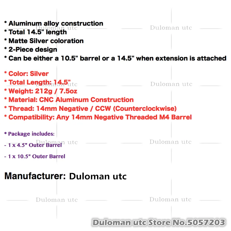 Duloman utc серебро 10," /14,5" конвертируемая Наружная трубка-удлинитель для страйкбола AEG CNC алюминиевая Наружная трубка 14 мм CCW
