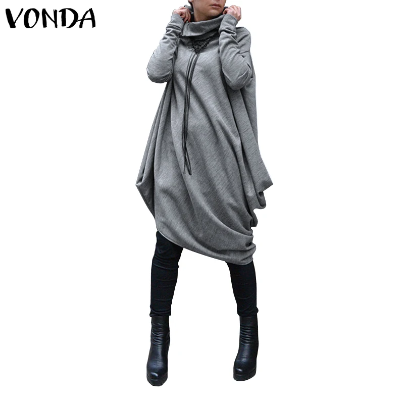 VONDA теплое однотонное зимнее платье свободного покроя с длинным рукавом, свитер с воротником под горло, пуловер, платья для женщин размера плюс Vestidos - Цвет: sold out