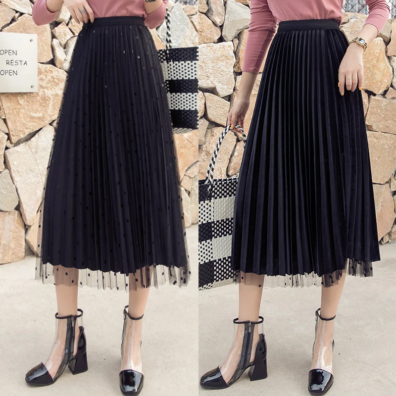 Женская юбка из тюля с бархатной подкладкой, Весенняя юбка в горошек, Женская плиссированная длинная юбка миди с высокой талией, можно носить с двух сторон - Цвет: Black