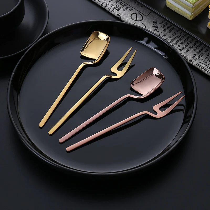 

4 Pcs Stainless Steel Coffee Spoon Dessert Fork Long Handle Hanging Wall Design for Dessert Pizza Cake Steak LXY9