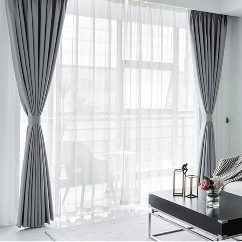 Solid Color Thermal Insulated 90% + Blackout Curtains for Living Room Bedroom Gray Black Blue Thick Window Curtain Treatment