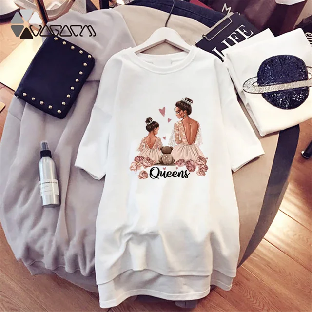 2021 Women Cartoon Print Dresses Mom and Kids Short Sleeve Mini Dress Loose Straight T-Shirt Robe Femme Casual Vestidos Kawaii D001A1290 White