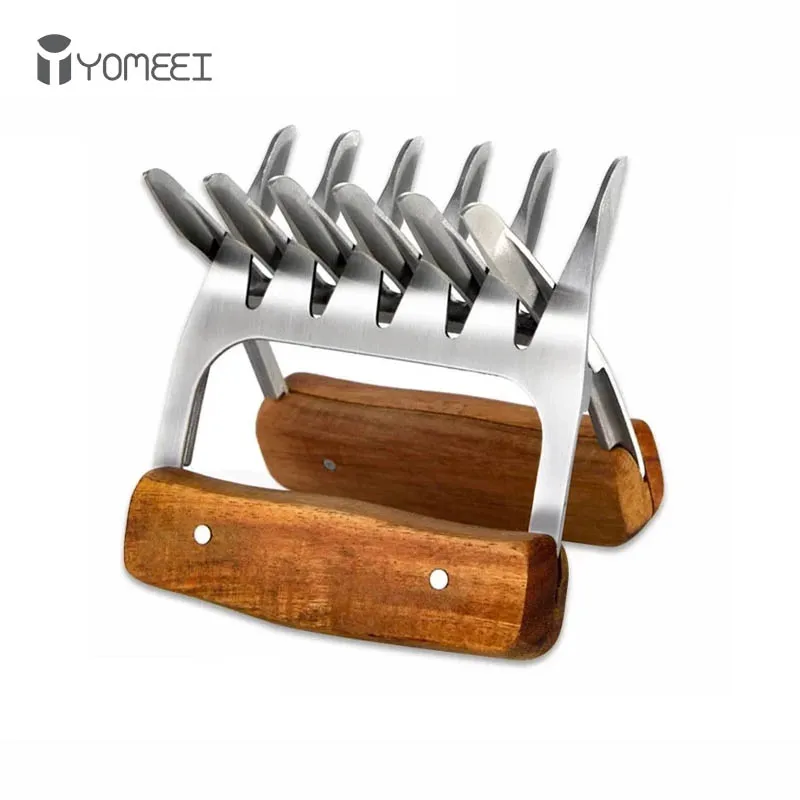YOMEEI 2pcs BBQ Bear Claw Stainless Steel Bear Claw Wooden Handle Barbecue Fork BBQ Meats Splitter kitchen Cooking Tool