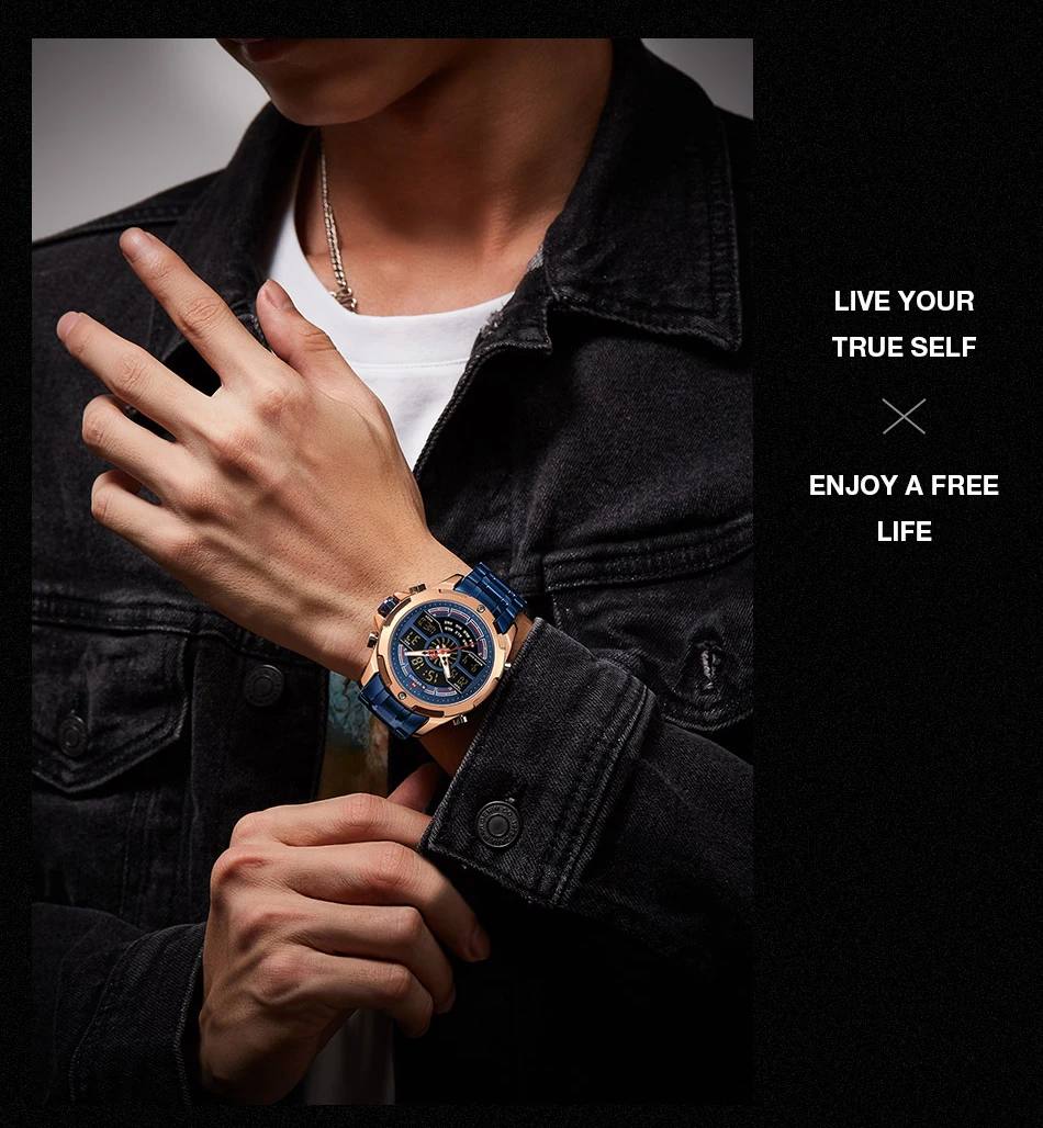 NAVIFORCE Men Sport Stop Watch Luminous Hands and LED display Multiple Time Zone Quartz Watches For Male Clock Chronograph Watch