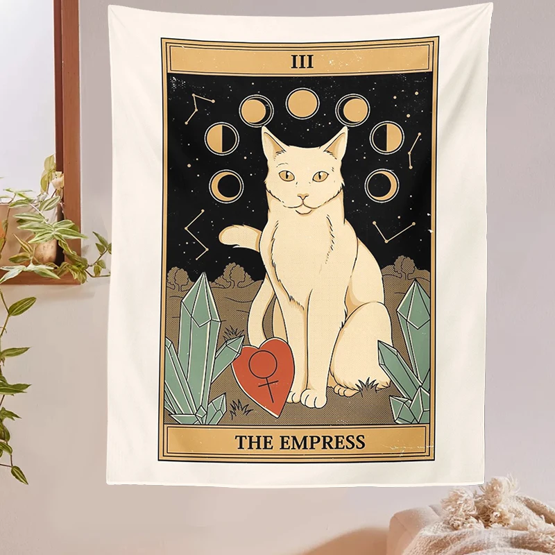 Cat Divination Witchcraft Tarot Card Tapestry Wall Hanging Tapestries Baphomet Occult Home Wall Moon phase Mat Decor Cat Coven Tapestry Decorations