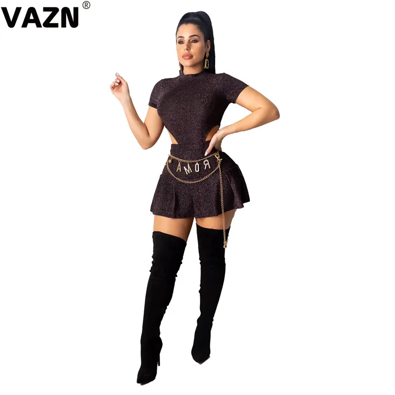 VAZN Hot List Young Hollow Out Sexy Club Unusual Untidy Solid 1 Piece Bodysuits 1 Piece A-Line Mini Skirts Women 2 Piece Set
